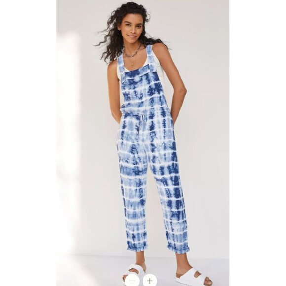 Anthropologie Cloth & Stone Asta Tie-Dye Overalls SZ S Boho Casual Blue White - Picture 1 of 11